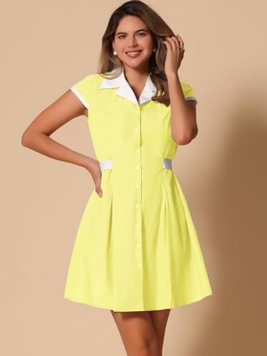 Image of Allegra K Women's Vintage Button Down Shirt Dress Notch Lapel Short Sleeve Belted Office Mini Short Dresses