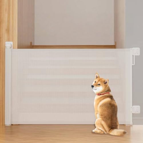 Warayumi ペットフェンス 室内 犬脱走防止 安全ゲート ロール式 ベビーゲート 抜け出しを防ぐ猫用フェンス 二重セキュリティ錠付き 犬柵 伸縮式 ペットゲート 犬バリアゲート 防護柵 高さ86cm 幅140cm 猫脱走防止ネット 猫囲い 階段上 バ