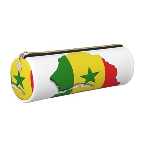 Estuche de piel con diseño de mapa de la bandera de Senegal, ecológico, piel de grano cruzado, cremallera suave, soporte cilíndrico de gran capacidad, Gold, Talla única, Tarjetero