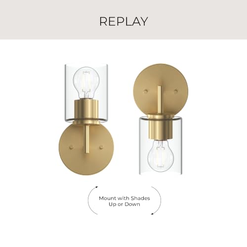 Image of Progress Lighting Replay 5.125 Inch 1-Light Vanity Light, Transitional, Brushed Gold with Clear Glass Shade, (9.75 inch H x 5.125 inch W x 5.875 inch D), P300581-191