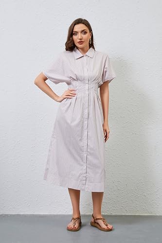 Image of Women Striped Button Down Shirt Maxi Dresses Summer Pleated Short Sleeve Collar Casual Corset Long Dress