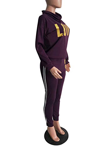 Women Casual Sport Cowl Neck Sweatshirt Long Skinny Pant Set Letter Print 2 Piece Tracksuit Purple 2Xl #TOP3