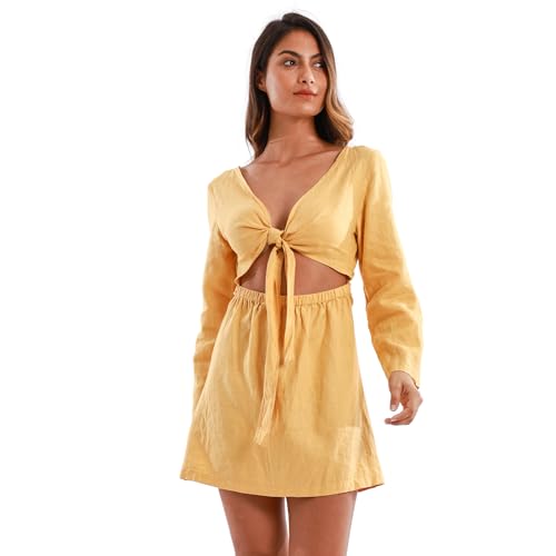 Amazhiyu Kleid Langarm Damen, Leinenkleid Midikleid Knielang Kleider Sommer Sexy Kleid Sommerkleid Midi Strandkleid Freizeitkleid, Gelb, M