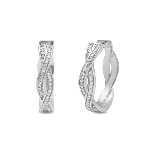 Jewelili Sterling Silver Twisted Hoop Earrings for Women | 1/6 CTTW White Diamonds or Treated Black and Natural White Round Diamonds | Hinge with Notched Post | Luxury Jewelry Gift for Her | Gift Box Included