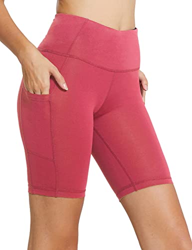 baleaf Women's 8" High Waist Biker Workout Yoga Running Compression Exercise Shorts Side Pockets Coral M