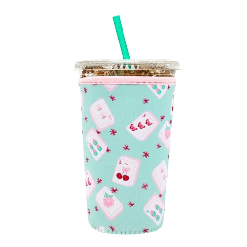 Image of Insulated Neoprene Cup Sleeve for Iced Coffee & Cold Soda - Reusable & Sweatproof, Keeps Drinks Cold Longer, Coffee Coolie for Hot & Iced Drinks (Mahjong, Medium: 22-24oz)