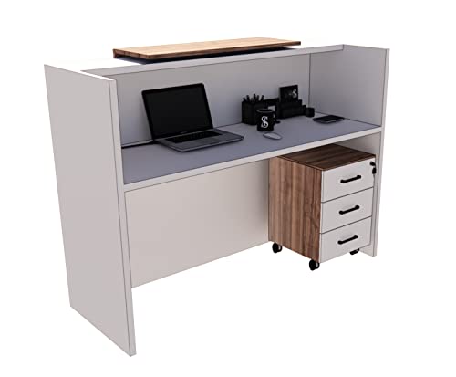Ugos Icon 63" Modern Reception Desk W/Transaction Counter & Storage Drawer | Laminate Desktop | Multifunctional Standing Front Desk Table For Home, Office, Salon, Spas, And Lobby (White And Teak) #TOP3