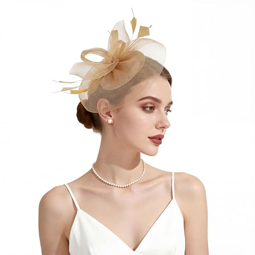 Fascinators Hats for Girls and Women Wedding Mesh Hat Feather Tea Party Hats with Headband and Clip Golden