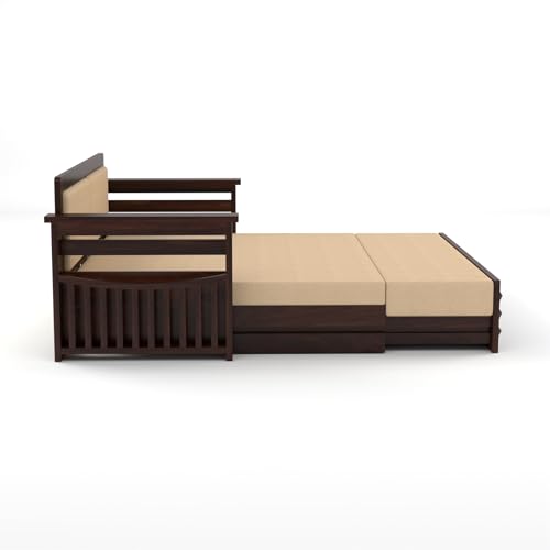 Image of Sheesham Wood Sofa Cum Bed with Mattress - 3 Seater Wooden Sofa Bed for Living Room | Solid Wood Convertible Diwan Couch with Side Storage (Design 6)