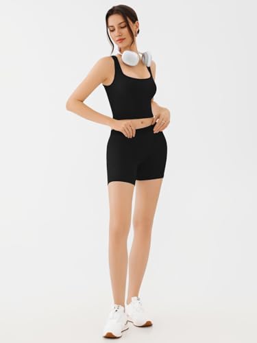 REORIA Matching Workout Sets for Women 2 Pieces Sleeveless Ribbed Crop Tank Mid Waist Shorts Lounge Yoga Outfits Active Wear Black3
