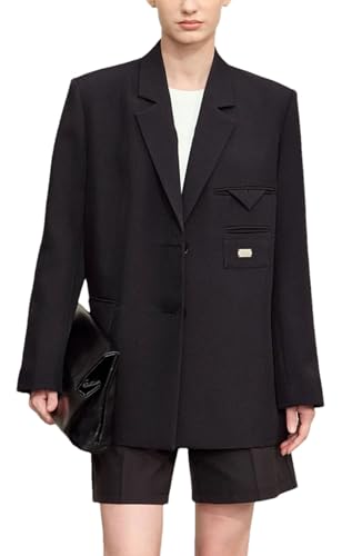 Women Lapel Collar Asymmetrical Wide Shoulder Fashion Loose Fit Blazer Office Lady Long Sleeve Single Breasted Jacket Coat