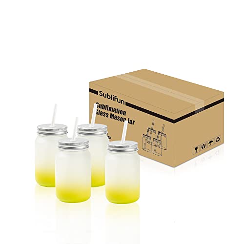 Sublifun 4 Pack Frosted Sublimation Glass Mason Jars Lemon Yellow 15 Oz 450 Ml Regular Wide Mouth Mugs Cups With Lid And Straw For Tumbler Heat Press #TOP4