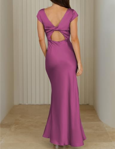 Image of Halfisland Womens Summer Satin V Neck Cap Sleeve Midi Dress Wedding Guest | 2026 Summer,Backless,Hollow Out,Long,Formal,Cocktail,Twist,Bridesmaid,Party,Baby Shower,Short Sleeve,Beach,Elegant,Evening