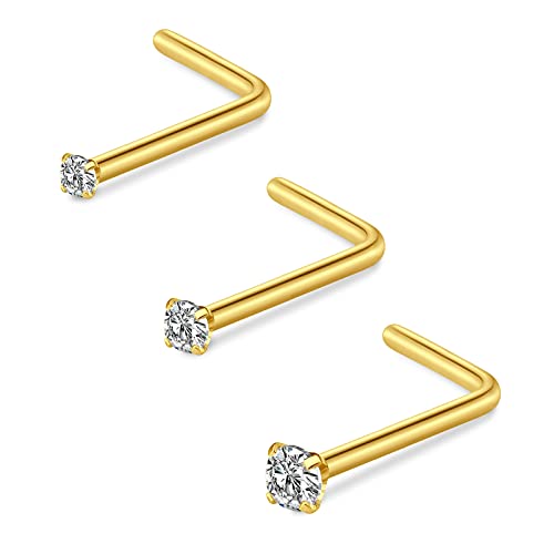 D.Bella L Shaped Nose Studs Surgical Steel Nose Ring 20G Nose Rings Studs for Women Men Nose Piercings 20 Gauge 1.5mm 2mm 2.5mm Diamond Nose Piercing jewelry Gold