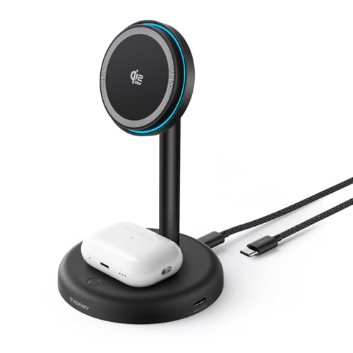 THREEKEY MagSafe 2-in-1 ���C�����X�[�d�X�^���h�yQi2�����F�� 25W�����[�d�z�Ǝ���p�t�@���Œቷ���� | iPhone 17-12�V���[�Y/AirPods/iWatch �����[�d�\ �p�x�����\ �I�t�B�X�f�X�N & �x�b�h�T�C