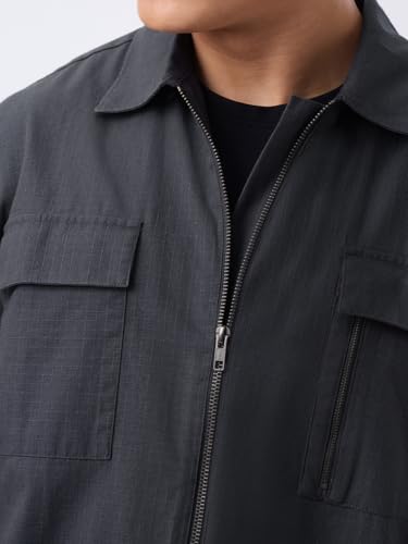 Image of The Souled Store Zipper Shirt: Men and Boys Short Sleeve Spread Collar Zipper Front Solid Textured Regular Fit Casual Easy to Style Everyday Office Wear Cotton Shirt