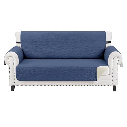 CUCRAF Non Slip Quilted Sofa Cover, Water Resistant Slipcover Furniture Protector for 2 Cushion Sofa Pet Friendly, Washable Couch Cover with Adjustable Elastic Straps (Medium-XL Loveseat, Dark Blue)