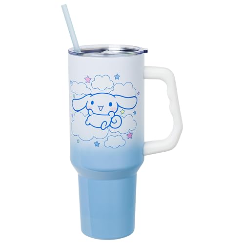 Silver Buffalo Sanrio Hello Kitty and Friends Featuring Cinnamoroll in Stars and Clouds Double Walled Stainless Steel Tumbler with Handle and Straw Fits in Standard Cup Holder 40 Ounces