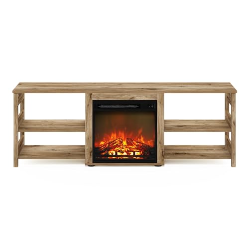 Image of Furinno Classic Fireplace TV Stand, Entertainment Center, TV Console for TV up to 70 Inch with Fireplace, for Living Room, Bedroom, Flagstaff Oak