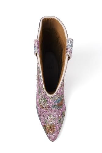 Rhinestone Cowboy Boots for Women Silver, White Pearl Pointed Toe Chunky Heel Mid Calf Boots4