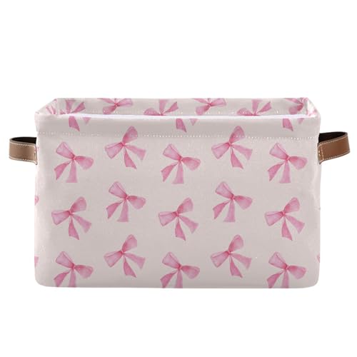 Image of xigua Pink Bow Storage Basket Collapsible Storage Bins Waterproof Canvas Storage Basket with Leather Handles for Home Closets Offices,Bedrooms,Gift Baskets,1PCS