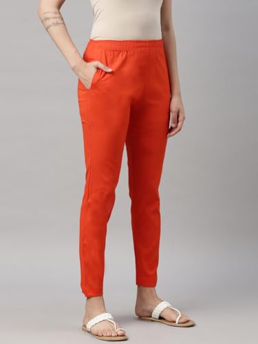 Image of MINELLI Women Solid Cigar Pants, Cotton Lycra Slub Fabric, Elasticated Waistband, Pull On Style, Regular Fit Bottom Wear for Western and Ethnic Wear
