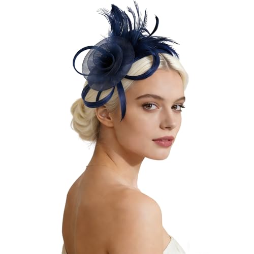 Fascinator for Women – Floral Mesh Wedding Guest & Tea Party Headpiece, Detachable Feather Hair Clip & Headband, Gift Ready Women's Accessor (Navy blue)