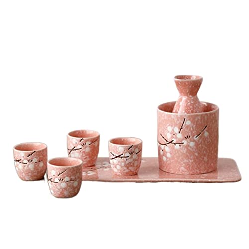 YIRENZUI Japanese Sake Pot Ceramic Wine Glass Flagon Pot Tray Flat Plate Handpainted Sake Wine-Warmer Plum Pattern Drinking Vessels,Most Ideal Choice