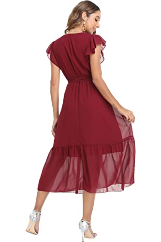 Image of VintageClothing Womens Sundress Casual Floral Summer Boho Dress | Flowy Wrap V Neck Ruffle A-Line Pleated Hem Midi Dresses