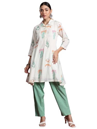 Image of INDO ERA Women's Pure Cotton A-Line Printed Kurta with Pant | Women Kurta Set | Ethnic Wear for Women | Daily Office Casual Traditional Outfit,KS0OW10128XXL
