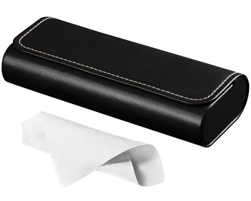 RayLove Glasses Case Hard Shell, Travel Sunglasses Case, Leather Hard Eyeglass Case for Women, Reading Glasses Case for Men (Faux Leather, Black)