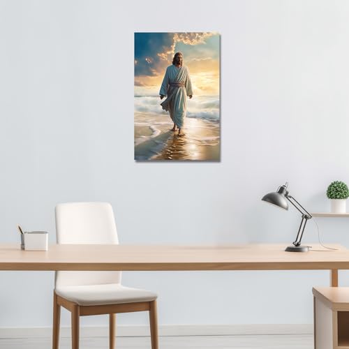 LZIMU Jesus Bild auf Leinwand Jesus geht am Strand Leinwand Bild Gott Poster katholisches Kunstwerk für spirituelle Raum Wanddekoration Gerahmt (3, 30.00x45.00cms)