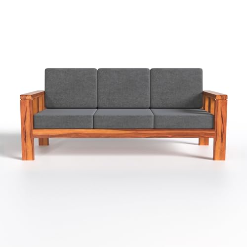 Image of Wooden Sofa Set for Living Room, Office | Solid Wood 5 Seater Sofa with Cushion, 3+1+1 Sofa Set in Natural Teak Finish