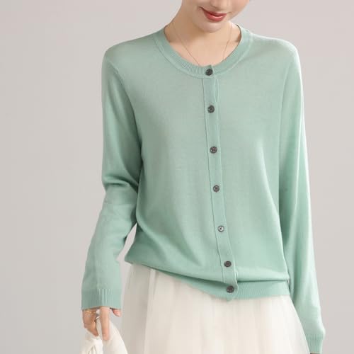 Image of Women's 100% Merino Wool Crew Neck Cardigan Sweater Top Long Sleeve Button Down 2025