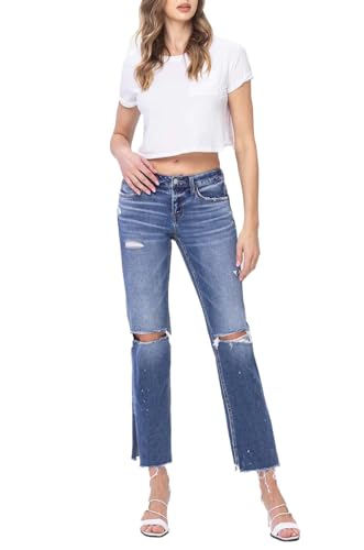 Flying Monkey - Low Rise Distressed Straight Jeans with Paint Speckle Detail/Split Hem - F5218