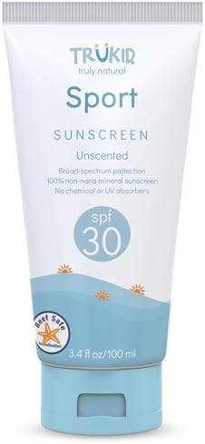 TruKid Sport Mineral Sunscreen SPF 30 - All Natural Kids & Baby Sunscreen for Face & Body, Non-Toxic Zinc Oxide Sunblock Protection for Sensitive Skin, Unscented, FSA Eligible, Travel Size 3.4oz