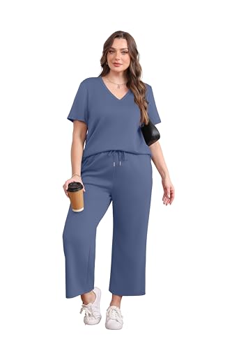 Image of WIHOLL 2 Piece Sets for Women Summer Lounge Set Wide Leg Pants Matching Set Vacation Travel Outfits Beach Clothing