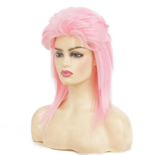 Image of Swiking Pink Mullet Wigs for Women 70s 80s Rocker Shoulder Length Hair Shaggy Layered Fluffy Wig Cosplay Halloween Costume Replacement Wigs(Pink