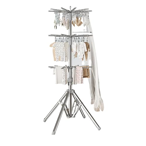 Jopsavm 床置き型物干しラック/物干しラック/室内物干しラック/バルコニー物干しラック/折りたたみ式/コンパクト/省スペース/高さ調節可能/安定/パラソル型/伸縮式/スリム収納 (グレー,3層)