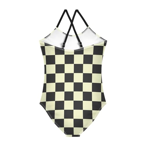 Image of Black and White Chess Girls One Piece Swimsuits Board Marble Tile Sport Halter Swimwear Beach Bathing Suit 3T