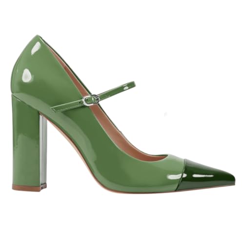 SHODENSE Women Chunky High Heel Mary Jane Pumps Shoes Ankle Strap Closed Pointed Toe Dress Sandals Two-Toned Cap Toe Patent Leather Mary Jane Heels Buckle Patchwork Office Work Party Dance 4-11 M US3