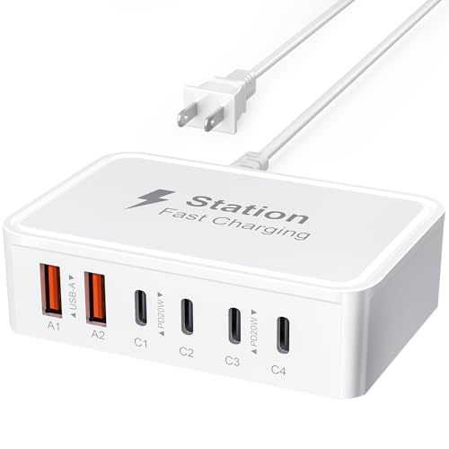 100W USB C Fast Charger - 5ft Cord GaN 6 Port Type USB C Charging...