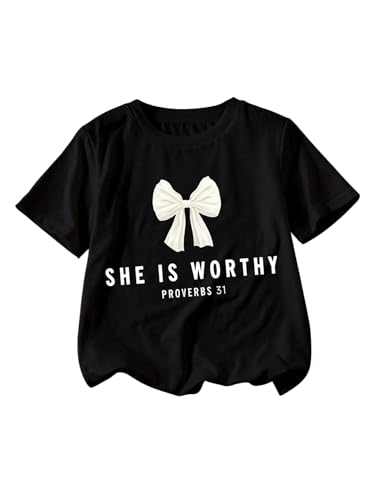 SweatyRocks Girl's Bow Graphic Letter Print T Shirt Round Neck Short Sleeve Casual Tee Tops