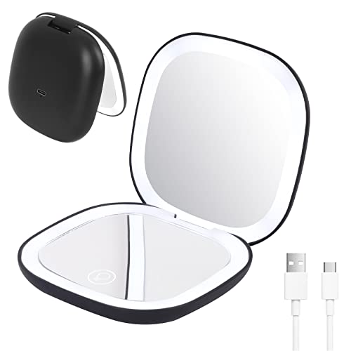 ZAKVOP Espejo Maquillaje con Luz, Espejo Aumento 10x, Espejo Pequeño de Viaje Ajustable en Color de Luz, Luces Espejo Maquillaje Recargable, Espejo de Mano de Bolsillo Pequeño y Plegable
