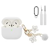 Compatible with AirPods 4 Case 2024, Premium Soft Silicone Protective Case Cover for Apple AirPods 4th Generation with Cleaner Kit, Carabiner and Keychain Accessories for Women Girls (White)