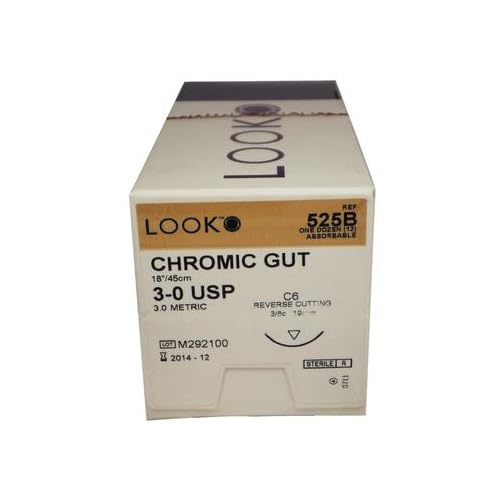 Look X525B, Chromic Gut Absorbable Sutures 3-0 18" with C6 3/8 Circle Reverse Cutting Needle 12/Pack, Sterile Surgical Dental Sutures