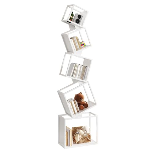 YMYNY Libreria a Cubi, Scaffale in Metallo con 5 Livelli, Alto 180 cm, Libri moderni verticali, Scaffale Portaoggetti Aperto, Geometrico, per Soggiorno, Camera da Letto, Studio, Bianco HBC007W