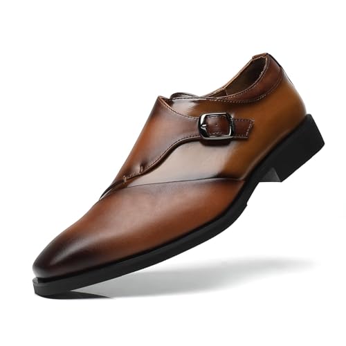 SANNAX Zapatos Formales Hombre de Material Sintético Premium - Calzado de Vestir con Hebilla para Bodas, Eventos y Negocios (Textura de Cuero), Marrón, 43 EU