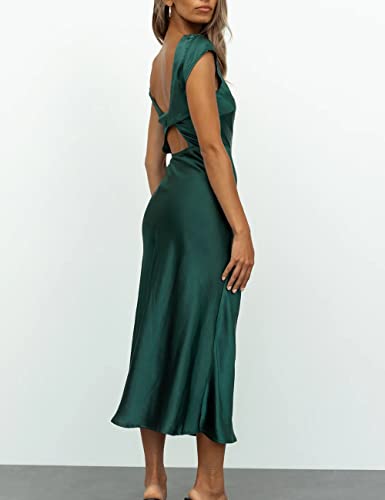 Women's Summer Satin Elegance Backless Twist Cap Sleeves Midi Dress 2023 Sexy Cowl Neck Slit Cocktail Wedding Guest Dresses Dark Green #TOP4