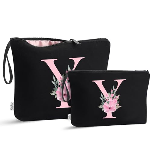 Image of Vavabox A-Z Personalized Makeup Bag, Birthday Gifts for Women Mom, Gifts for Best Friend, Bride Bridesmaid Cosmetic bag (Y, 04-Black Set)